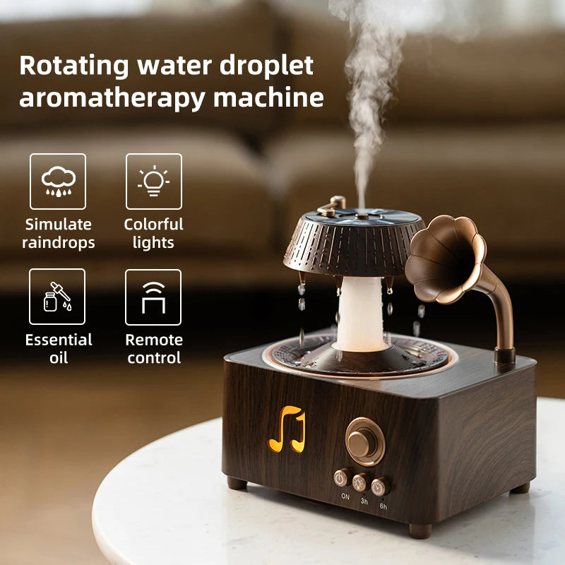 Raindrop Humidifier & Aroma Diffuser – 250ml Rotating Music Box with LED Light