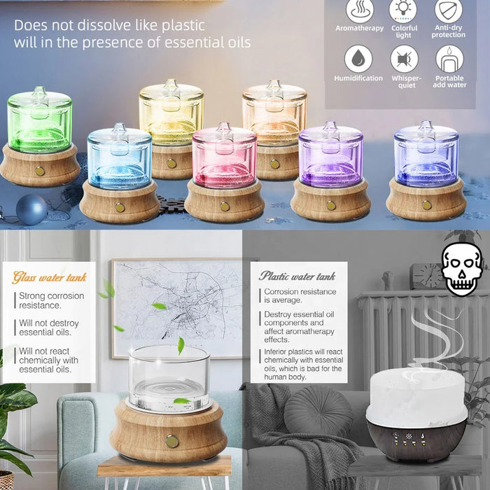 80ml Glass Aroma Diffuser & Humidifier – Auto Shut-Off, Color LED Light for Bedroom - photo 3