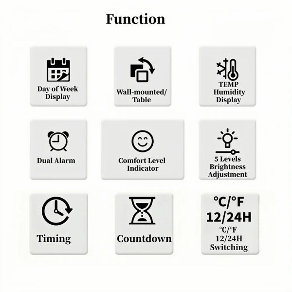 Smart LED Wall Clock with Temp, Humidity & Dual Alarms - alternate