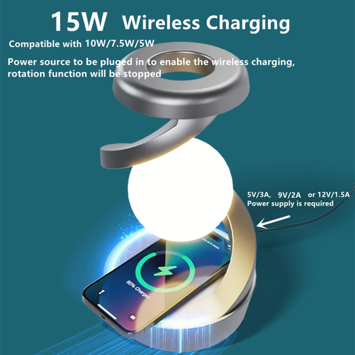 Floating Rotating Table Lamp – 15W Wireless Charger & RGB Night Light - photo 4