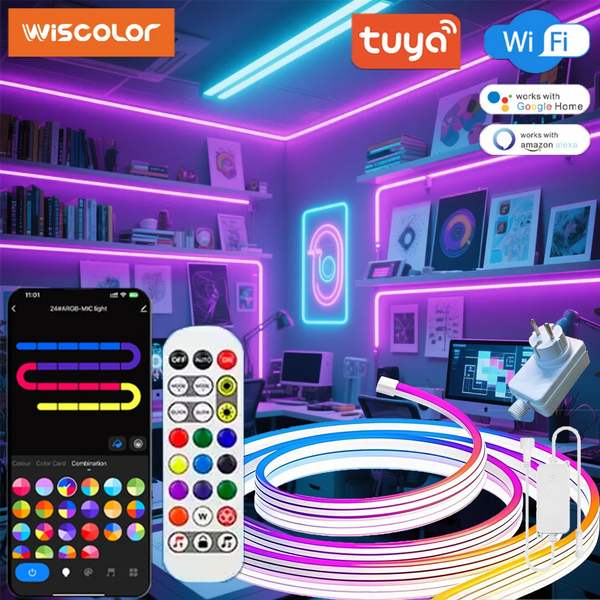Smart WiFi LED Neon Strip – Tuya Voice Control, Waterproof Silicone, 16-50ft