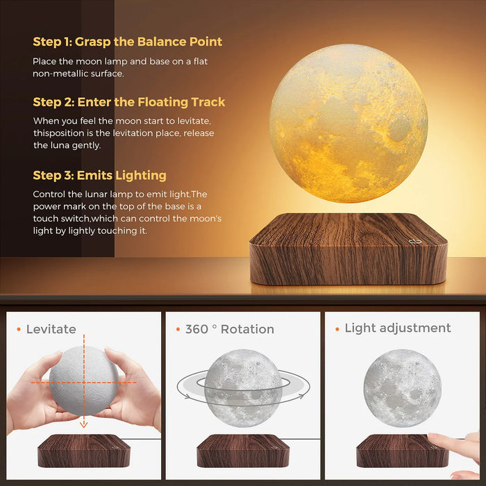 Magnetic Floating & Rotating Moon Lamp – 3D LED Night Light, Wooden Base, 3 Colors - photo 3